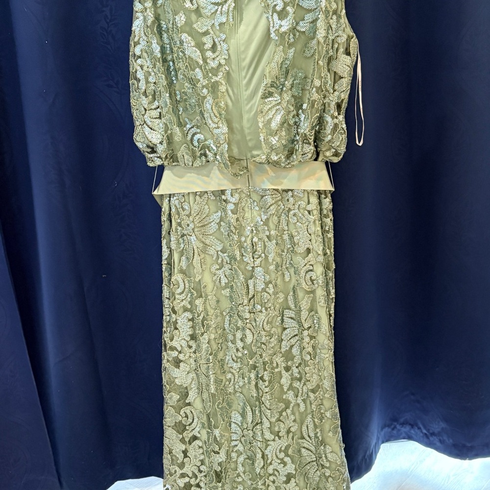 Tadashi Shoji Sage Green Lace Maxi Dress with Sash - Picture 3 of 7